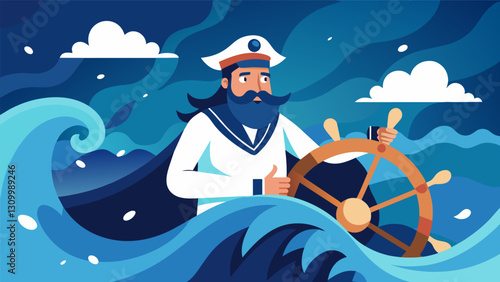 The turbulent waters of existence are tamed by the unshakable will of the Stoic captain at the helm of the ship of life.. Vector illustration