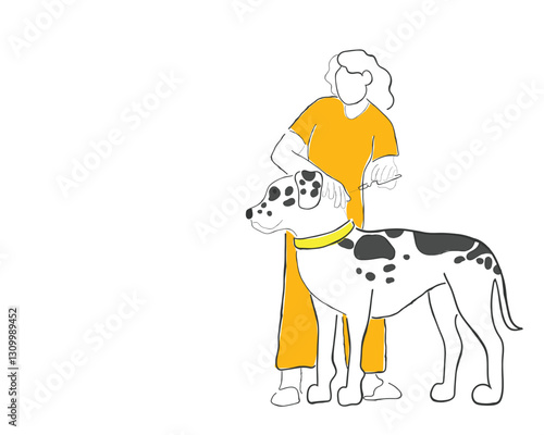 Veterinarian doctor during work concept. Young kind smiling woman veterinarian in white uniform working at office examining ears dog vector illustration