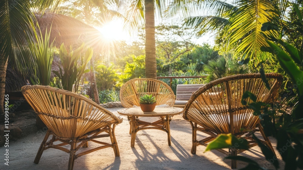Tropical Oasis: Handmade Bamboo Seating Set Under Palm Trees with Cozy Chairs, Table, and Succulent Accents on Idyllic Terrace Tropical Oasis: Handmade Bamboo Seating Set Under Palm Trees with Cozy Chairs, Table, and Succulent Accents on Idyllic Terrace