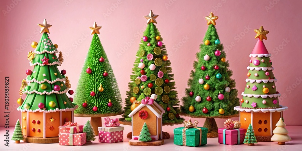 Fototapeta premium A whimsical collection of decorated Christmas trees, each showcasing a unique style and festive charm, adorned with colorful ornaments, bows, and sparkling lights.