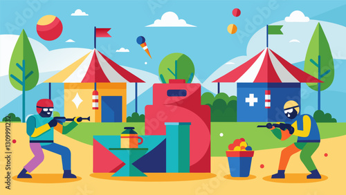 A festival atmosphere surrounds the Summer Biathlon with Paintball with music playing and colorful booths set up for refreshments and gear.. Vector illustration