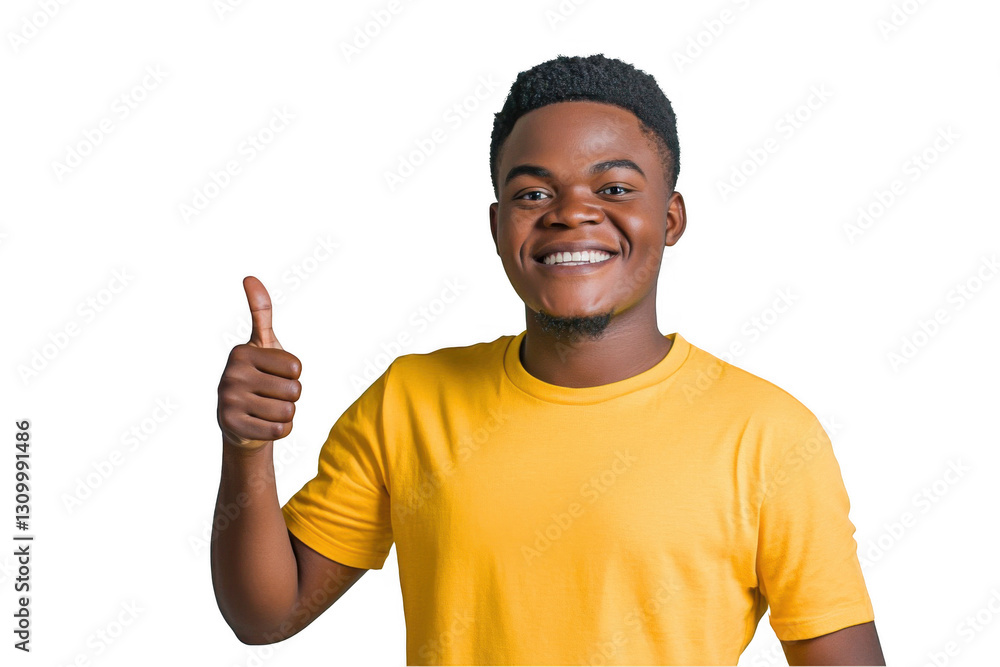 Young African American man in a yellow t-shirt showing a thumbs-up gesture, isolated on a white background Young African American man in a yellow t-shirt showing a thumbs-up gesture, isolated on a white background