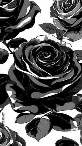 Black rose pattern design on white background. Use wallpaper