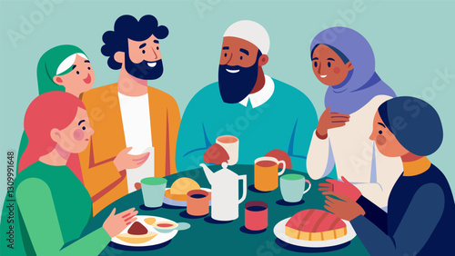 Men women and children from various religious affiliations come together to break bread and learn about each others beliefs through friendly. Vector illustration