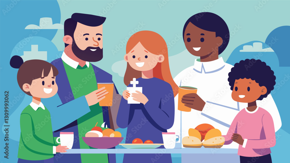 In between lessons the parents and godparents enjoyed refreshments and snacks bonding over their anticipation and excitement for the upcoming baptism.. Vector illustration In between lessons the parents and godparents enjoyed refreshments and snacks bonding over their anticipation and excitement for the upcoming baptism.. Vector illustration