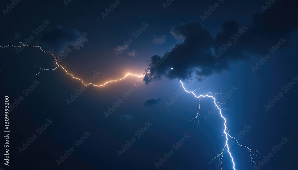 Dark stormy sky with lightning bolts flashing yellow and blue on black background, dark, thunderstorm Dark stormy sky with lightning bolts flashing yellow and blue on black background, dark, thunderstorm