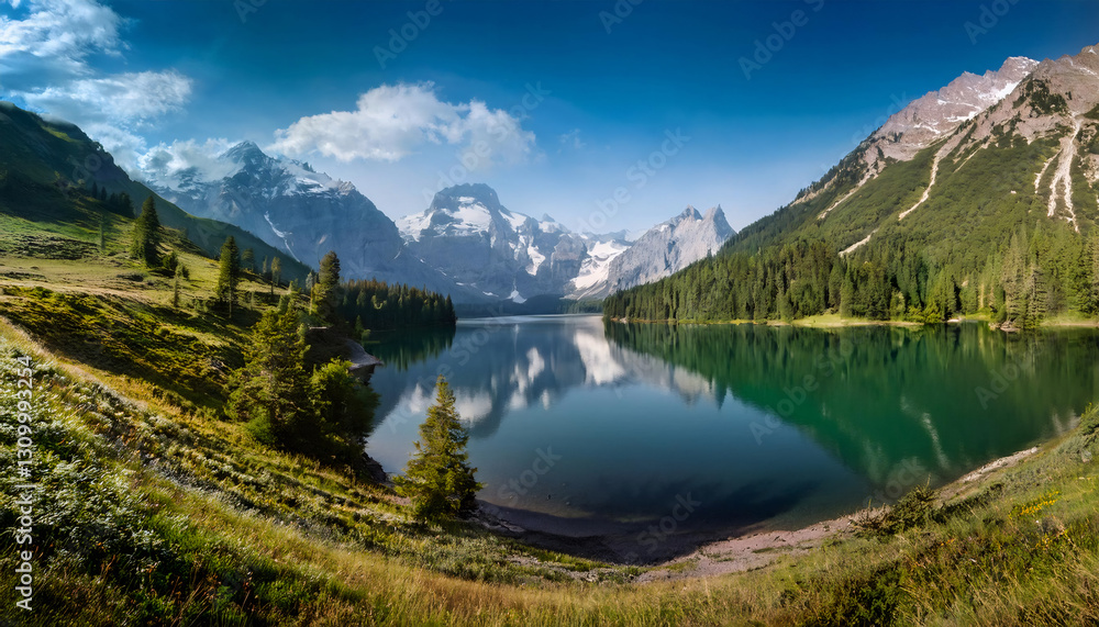 Obraz premium Mirror Lake: a picturesque mountain lake reflecting the majestic peaks and a bright blue sky. Capture the tranquility of this serene landscape, perfect for travel and nature enthusiasts.