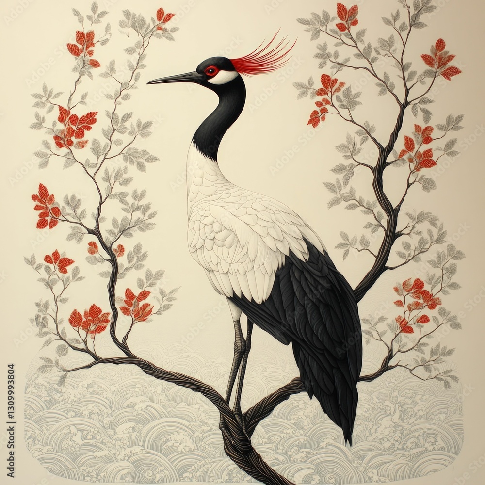Fototapeta premium Elegant crane perched on flowering branch, ocean waves below.