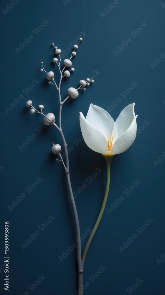 Soft White Flower with Translucent Petals on Midnight Blue Background, Accompanied by Two Wispy Seed-Bearing Stems with Tiny Silver Blossoms Soft White Flower with Translucent Petals on Midnight Blue Background, Accompanied by Two Wispy Seed-Bearing Stems with Tiny Silver Blossoms