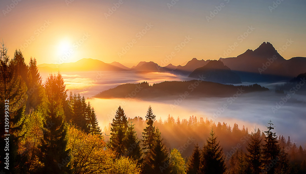 Naklejka premium Sunrise over the Majestic Mountains: A breathtaking panoramic view of a mountain range at sunrise, with the golden light casting a warm glow over the misty valleys and evergreen forests.