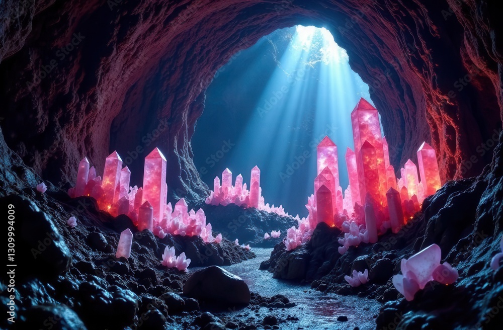 Obraz premium Enchanting crystal cave with illuminated mineral formations beneath sunlit entrance