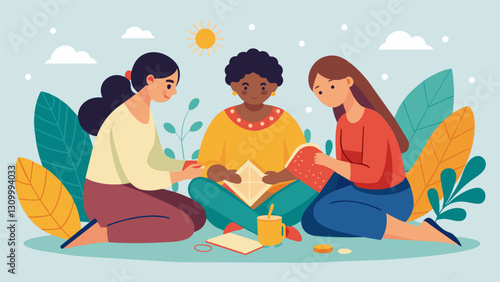 Hidden away in a quiet corner a group of friends gather to embroider together focusing their minds on the intricate designs and finding peace in the. Vector illustration