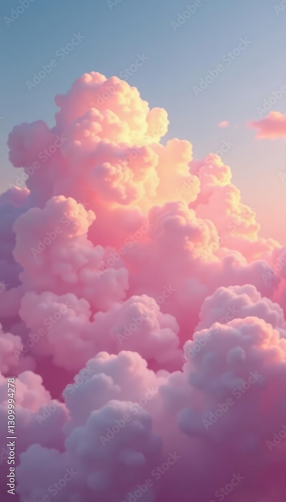 Fototapeta premium Fluffy clouds float amidst soft pink sky with golden hues, landscape, morning