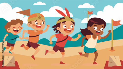 A group of children giggle and cheer as they race through an obstacle course designed to mimic the challenges faced by ancient warriors.. Vector illustration