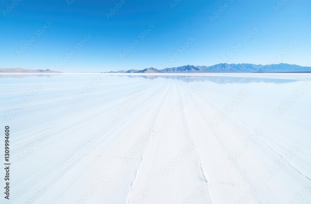 Vast salt flats with mountain horizon and clear blue sky landscape Vast salt flats with mountain horizon and clear blue sky landscape