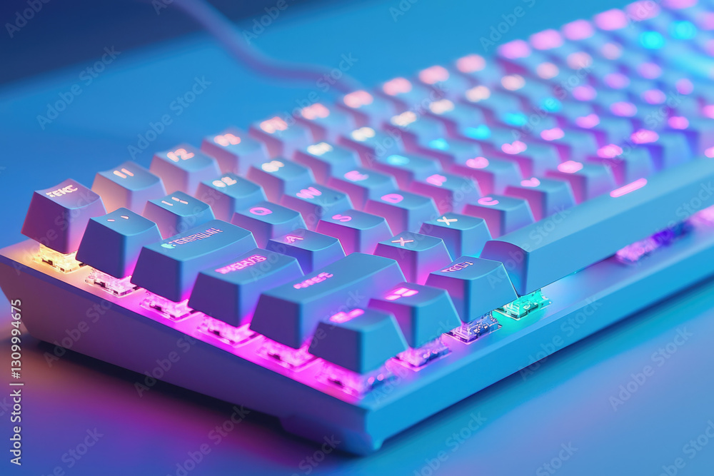 Obraz premium A vibrant, white mechanical keyboard with RGB backlighting, showcasing its modern design and customizable features.