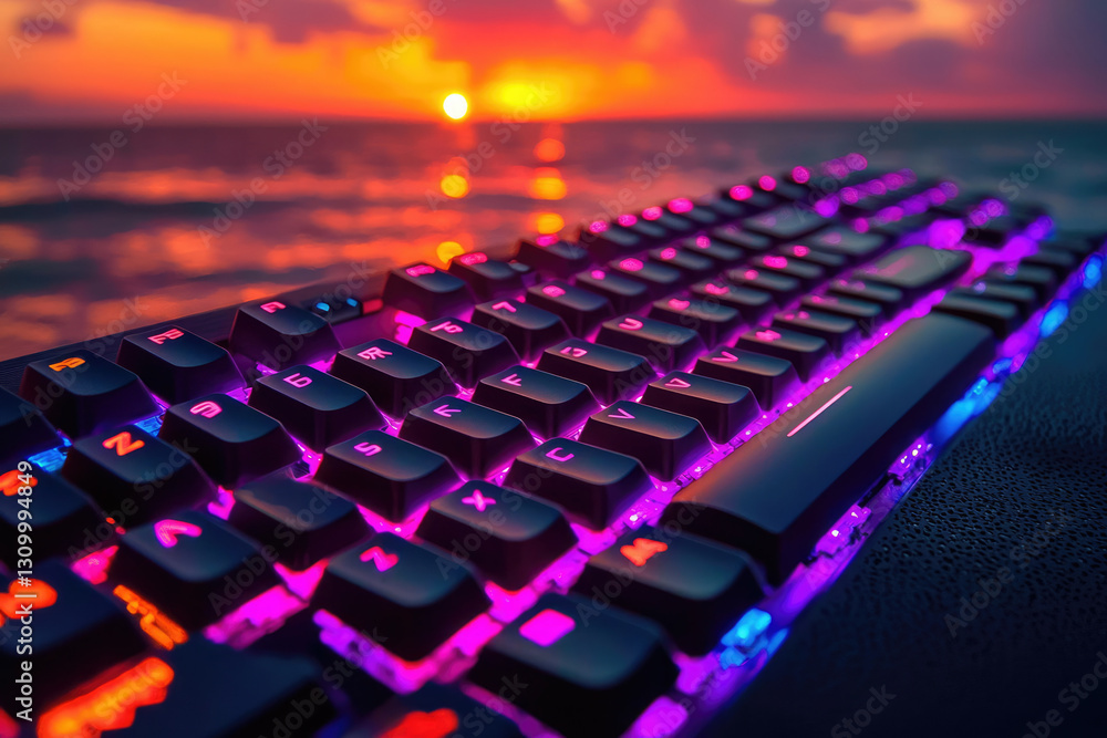 Obraz premium Vibrant RGB backlit keyboard on beach at sunset, a stunning tech and nature scene.