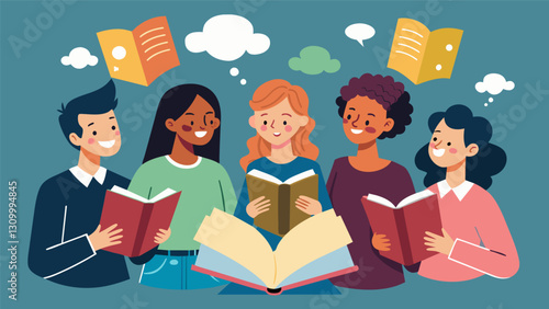 A lively debate erupted a the members of the Secondhand Book Club as they discussed the hidden messages within the wellloved text.. Vector illustration