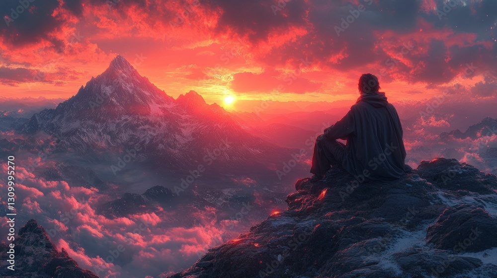 Obraz premium Solitary figure mountaintop sunset breathtaking view