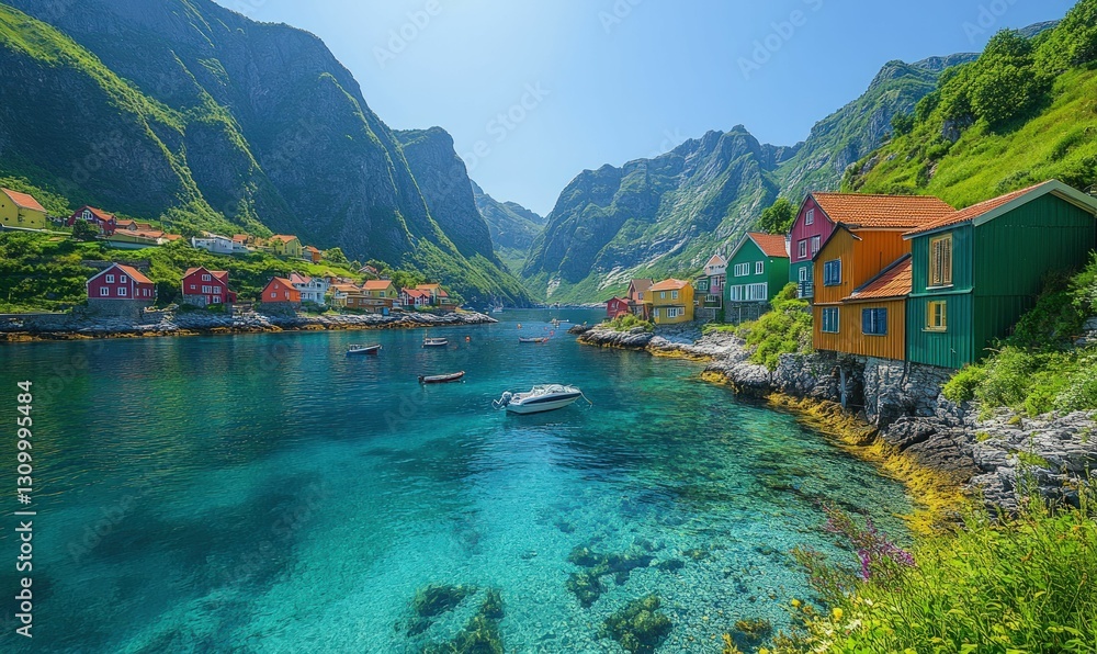 Fototapeta premium Vibrant coastal village nestled in stunning fjord mountains.