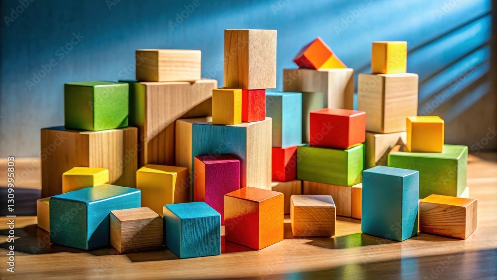 Obraz premium A Colorful Arrangement of Wooden Blocks in a Playful Tower, Illuminated by Warm Sunlight Casting Shadows on the Wooden Surface