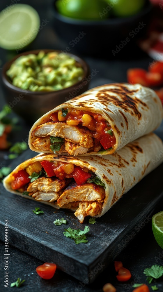 Delicious chicken burritos with fresh guacamole and vibrant toppings served on a rustic wooden plate Delicious chicken burritos with fresh guacamole and vibrant toppings served on a rustic wooden plate