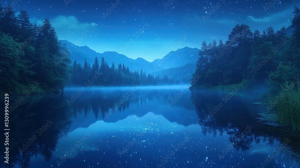 Serene night lake mirroring starry mountains. Serene night lake mirroring starry mountains.