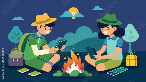 Two scouts sit by the campfire their phones connected to solarpowered chargers as they review the days hiking route on a mapping app.. Vector illustration