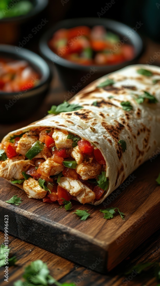 Delicious chicken wrap filled with fresh vegetables on a rustic wooden table Delicious chicken wrap filled with fresh vegetables on a rustic wooden table