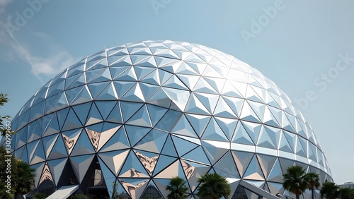 Futuristic geodesic dome with a reflective glass exterior, showcasing modern architecture and innovative design against a clear blue sky, surrounded by palm trees.   