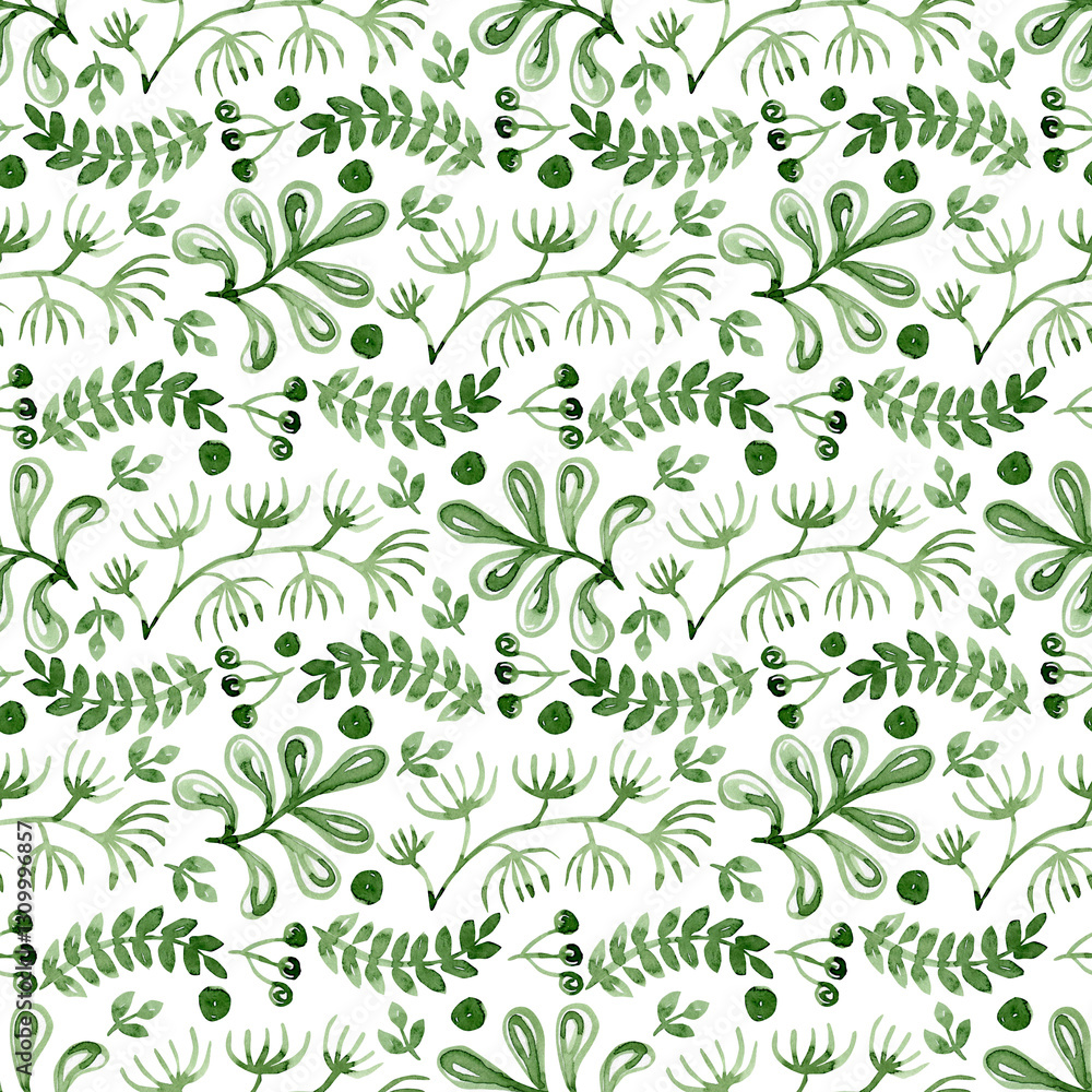 Geometric pattern of simple green leaves, watercolor illustration on white background for fabric, paper, backdrop design. Geometric pattern of simple green leaves, watercolor illustration on white background for fabric, paper, backdrop design.