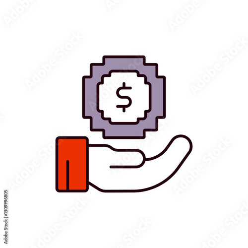 Hand Receiving Coin Pixel Icon for Reward Systems and Player Incentives