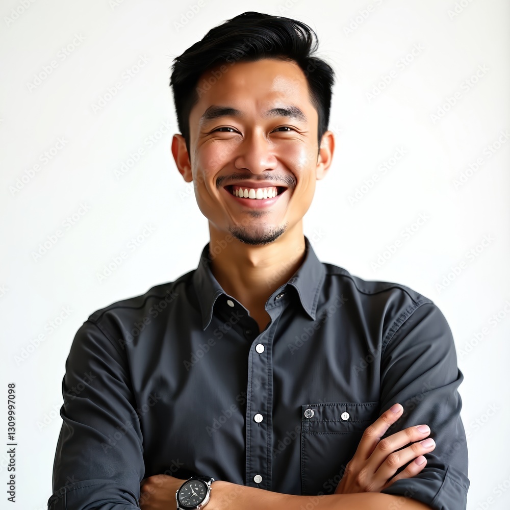 Pro studio headshot of smiling asian man with crossed arms wearing gray shirt. Handsome guy demonstrates confidence, success in business. Portrait is ideal for corporate website, marketing materials. Pro studio headshot of smiling asian man with crossed arms wearing gray shirt. Handsome guy demonstrates confidence, success in business. Portrait is ideal for corporate website, marketing materials.