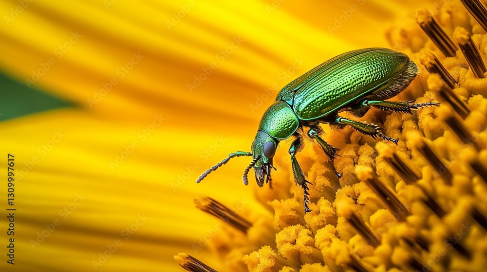 A green beetle, vividly detailed, sits on a sunflower petal. The yellow sunflower interior provides a warm backdrop to the close-up.
A green beetle, vividly detailed, sits on a sunflower petal. The yellow sunflower interior provides a warm backdrop to the close-up.