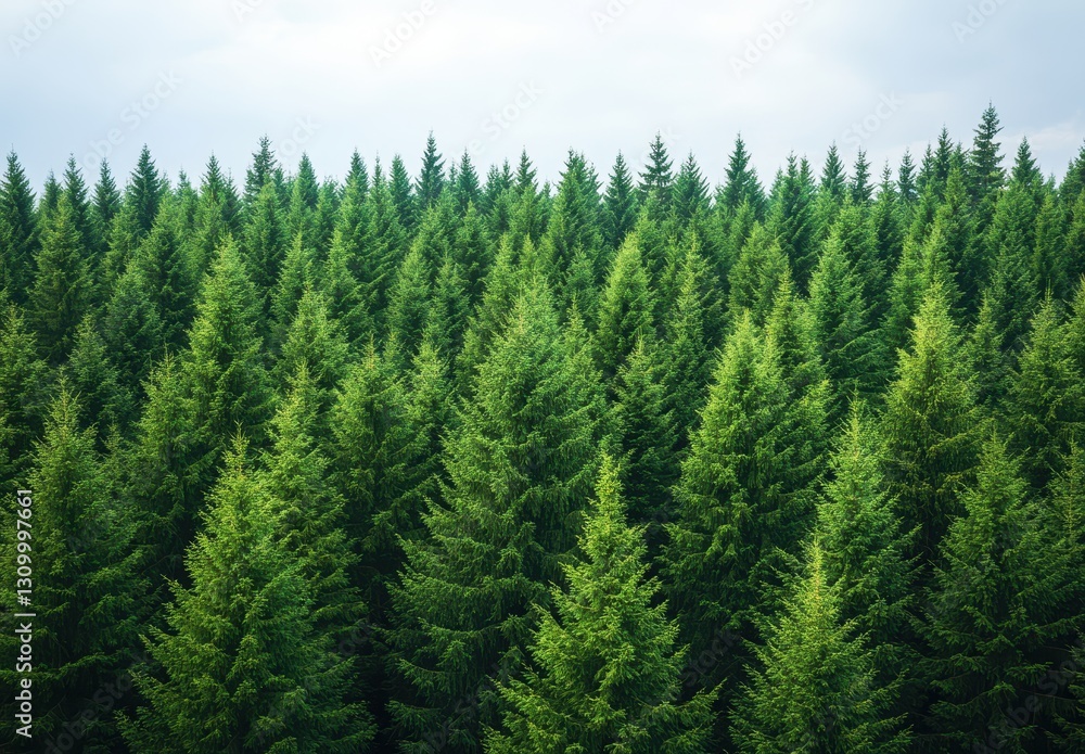 Fototapeta premium Lush Green Forest Landscape with Dense Pine Trees Under Cloudy Sky Perfect for Nature, Environment, and Outdoor Themes