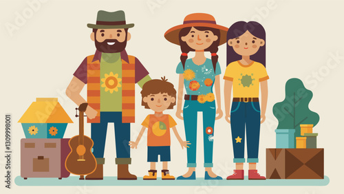 A family of four explores the flea market the parents sporting bohemianinspired outfits while their two children don graphic tees and distressed. Vector illustration