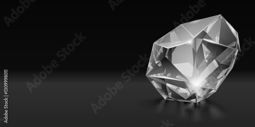 Large, clear crystal with multiple reflective facets, set against a dark background.