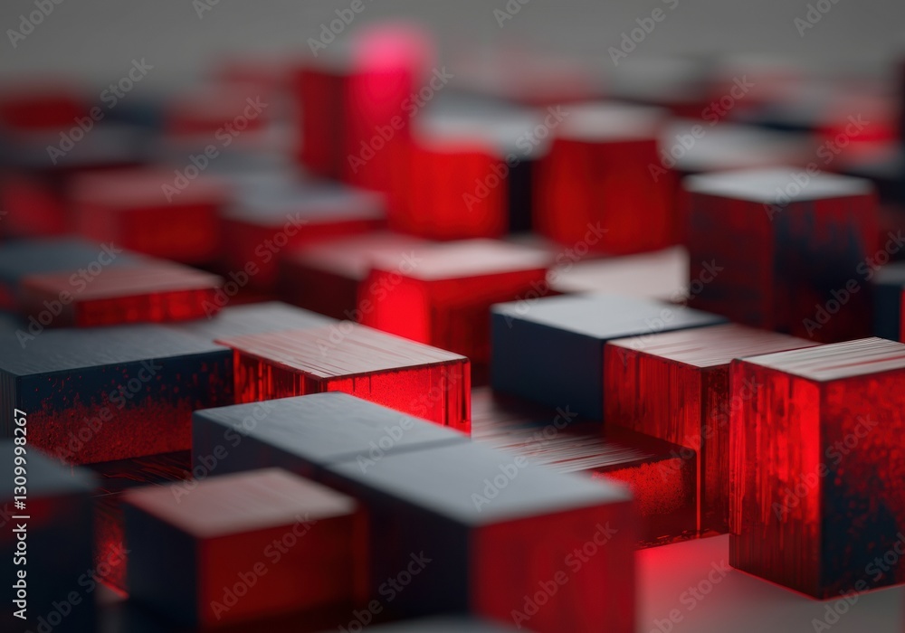 Abstract arrangement of red and black geometric blocks creating a striking visual Abstract arrangement of red and black geometric blocks creating a striking visual