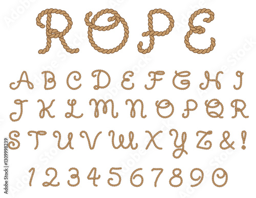 Decorative Rope Alphabet Letter and Number Clipart - Color Brown Set on a Transparent Background 