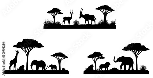 African Safari Animal and Grassy Plains Landscape Scene Silhouette Clipart on a Transparent Background