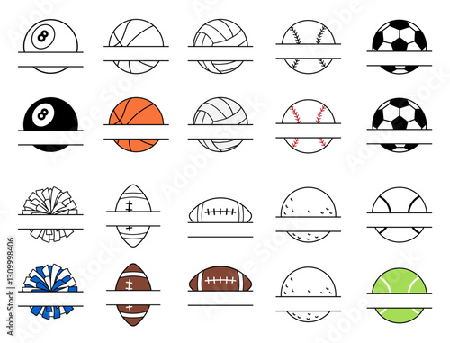 Sports Balls Horizontal Split Label Template Clipart - with Baseball, 8 Ball Billiards, Basketball, Soccer, Football, Cheerleader Pom Poms, Volleyball, Golf and Tennis
