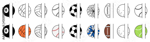Sports Balls Vertical Split Label Template Clipart - with Baseball, 8 Ball Billiards, Basketball, Soccer, Football, Cheerleader Pom Poms, Volleyball, Golf and Tennis