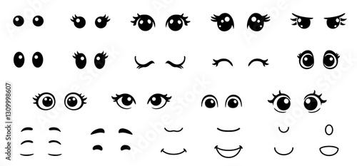 Cute Cartoon Comic Eyes Clipart Face Set, with Mouths and Eyebrows, Isolated on a Transparent Background