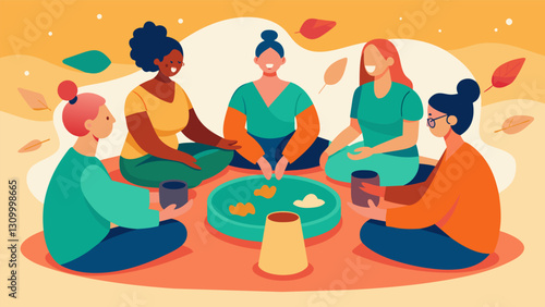 In a brightly lit art studio a group of individuals sit in a circle each one focused on shaping their own unique piece of clay their shared experience. Vector illustration