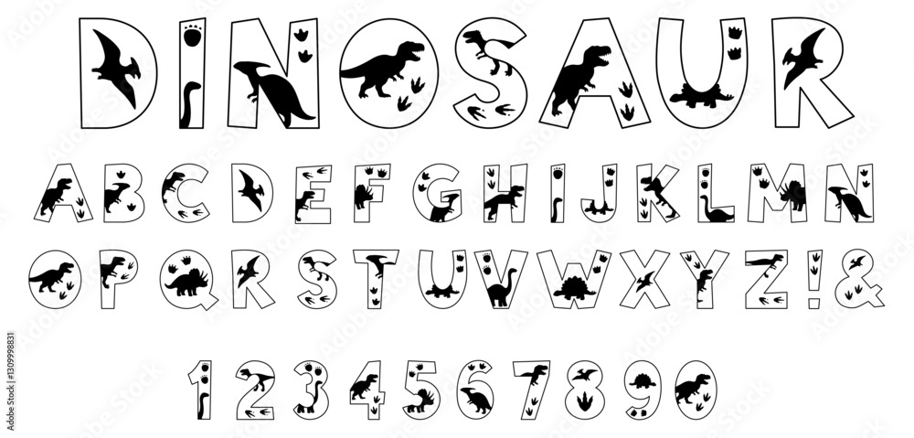 Decorative Dinosaur Outline & Silhouette Alphabet Letter and Number Clipart Set on a Transparent Background