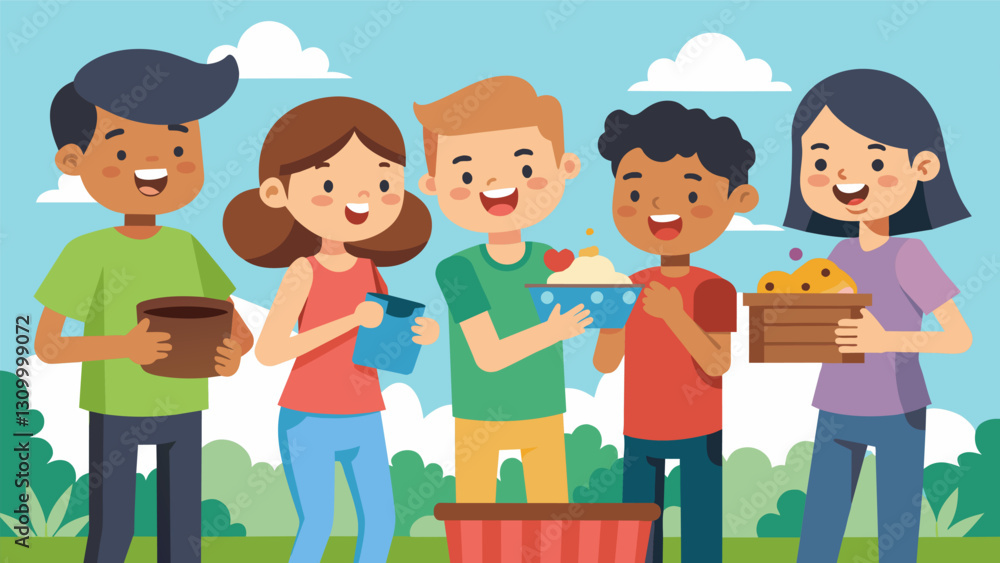 A group of friends compare their finds from a neighborhood yard sale each one more excited than the next.. Vector illustration A group of friends compare their finds from a neighborhood yard sale each one more excited than the next.. Vector illustration