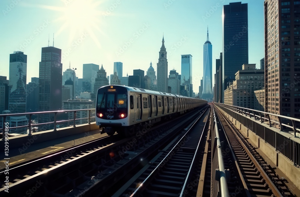 Fototapeta premium Urban train journey across cityscape with skyscraper skyline and sunrise