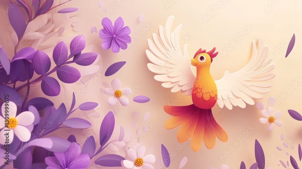 Fototapeta premium Spring bird paper art; flowers background, greeting card