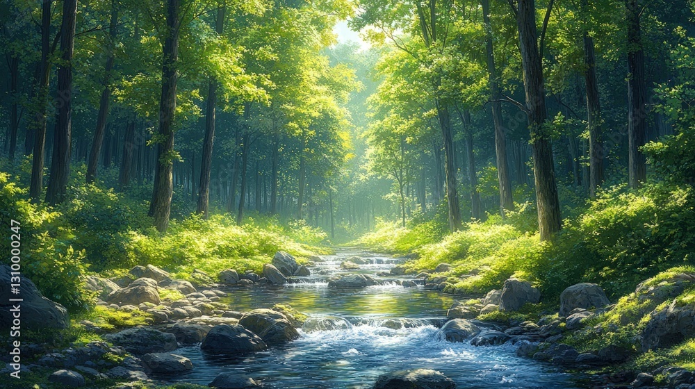 Obraz premium Serene forest stream, sunlight dappled, tranquil scene