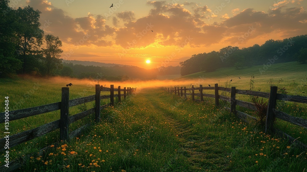 Obraz premium Serene sunrise over misty field, wooden fence.